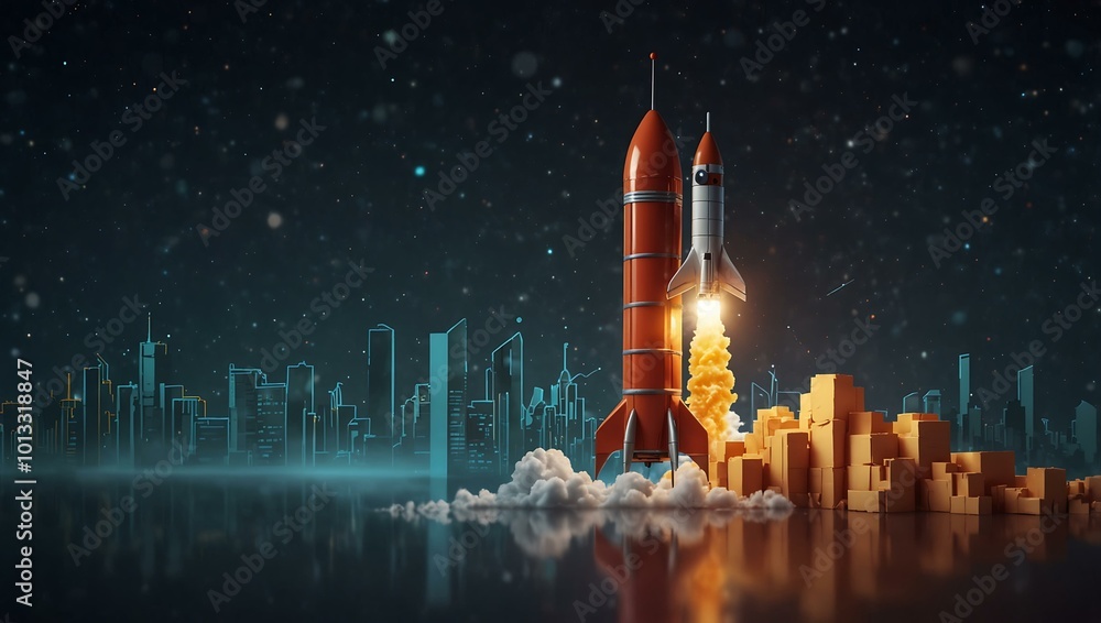 Poster rocket launch with a bar graph symbolizing business growth.