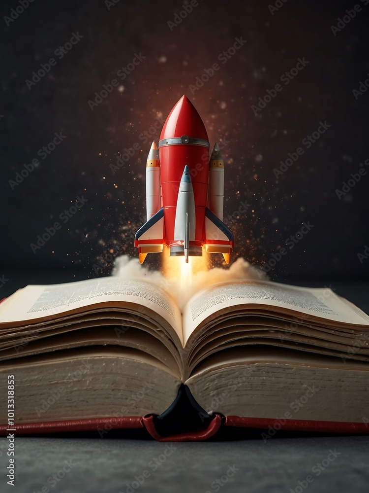 Poster rocket launching from an open book, symbolizing knowledge.