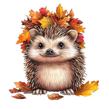 Igel mit Herbstlaub auf dem Kopf