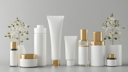 3D rendering design of various white and gold beauty product bottles design, jars, tubes design, pump heads design, front view design, on a gray background design