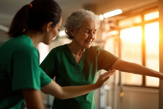 Caregiver assisting senior woman in a rehabilitation setting during sunset.