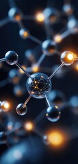 Close-up view of molecular structure with glowing particles on a dark background.