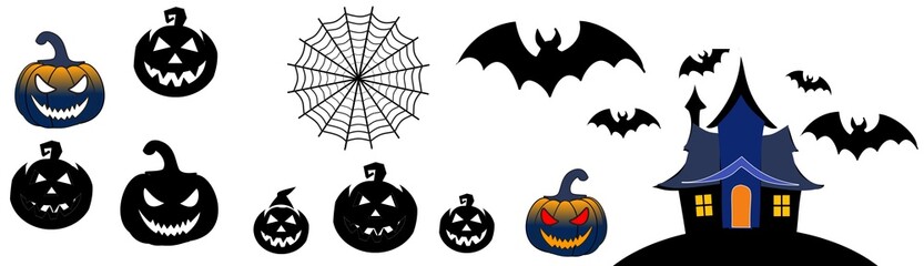 Halloween elements pumpkin, vitch house, horror house, bats, for halloween greeting card or banner design.