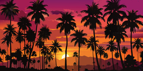 Palm tree silhouette background. California sunset landscape with exotic plants on horizon. Tropical forest and mountains. Scenic night sky. Nature panorama vector art illustration