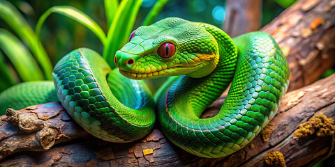 Fototapeta premium vibrant green snake is coiled on tree branch, surrounded by lush foliage, showcasing its striking scales and vivid colors. scene evokes sense of wonder and connection to nature