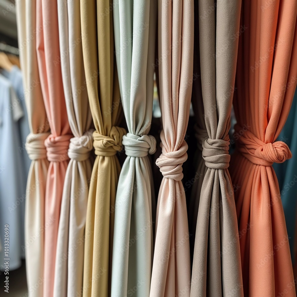 Poster intricately tied curtain knots hang gracefully in a textile shop, displaying a vibrant array of colo