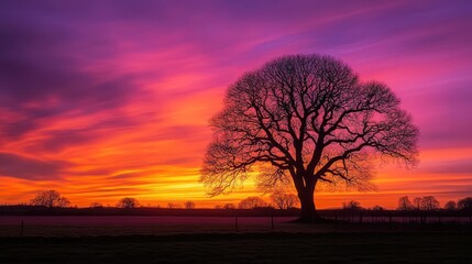 Fototapeta premium Silhouetted Tree Against a Vibrant Sunset