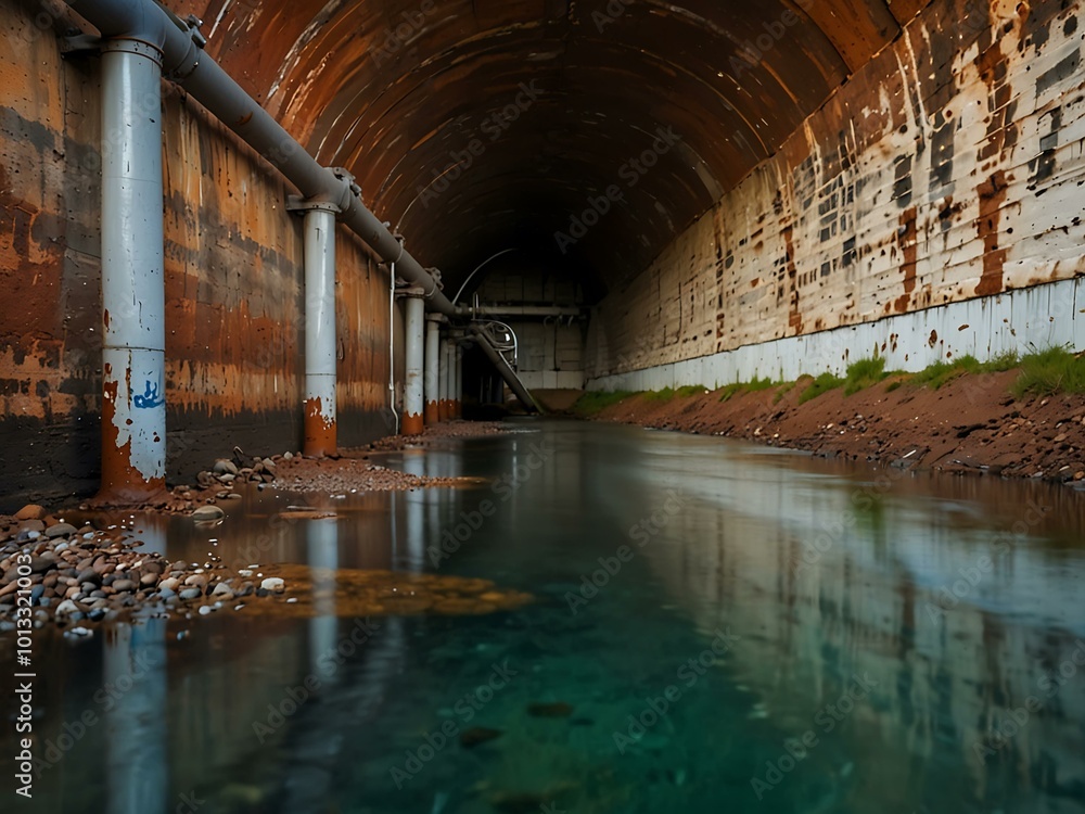 Poster rusty pipe tunnel with water flowing through.