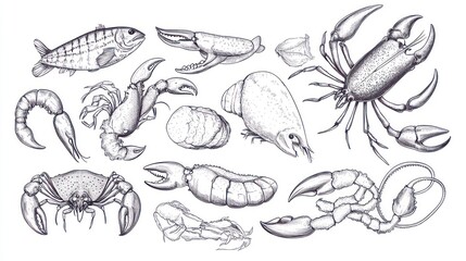Seafood animals set with lobster, salmon, crab and squid in sketch outline style on white background