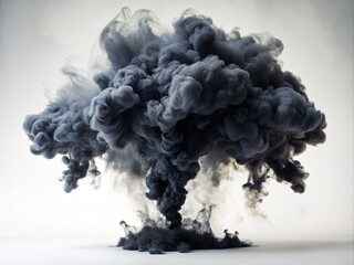 dramatic black smoke cloud billows and swirls in air, creating striking visual effect against light background. dense, dark smoke evokes sense of mystery and intensity