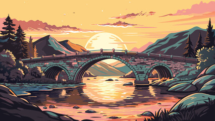 Obraz premium Small stone bridge over the calm river at sunset time vector art illustration.AI GENERATED