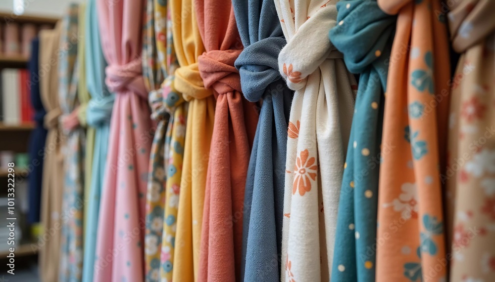 Poster intricately tied curtain knots hang gracefully in a textile shop, displaying a vibrant array of colo
