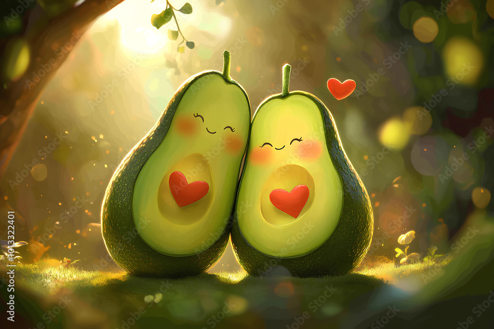 Poster Cute cartoon avocado love couple characters, illustration