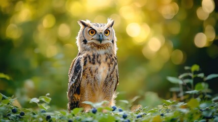 Obraz premium Young eurasian eagle-owl in blueberry patch inside forest on sunny day