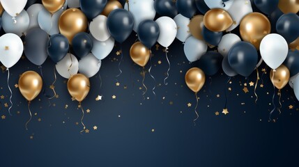 Navy blue and white birthday background with gold stars and cheerful party streamers