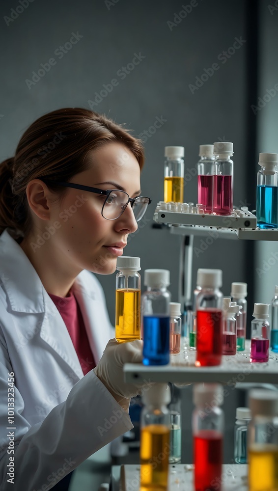 Poster scientist examining colorful vials during an experiment in a modern lab.