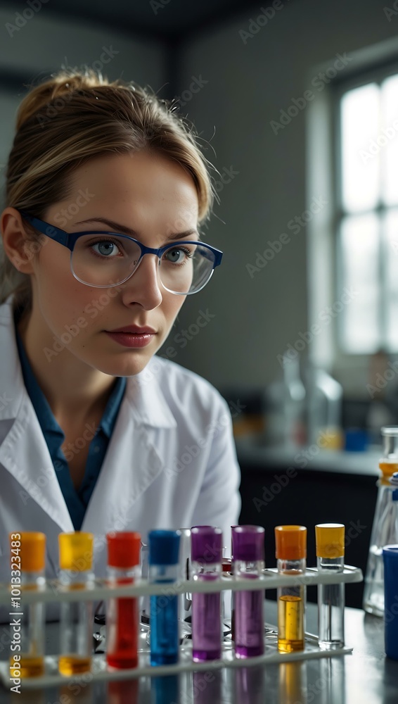 Poster scientist examining colorful vials during an experiment in a modern lab.