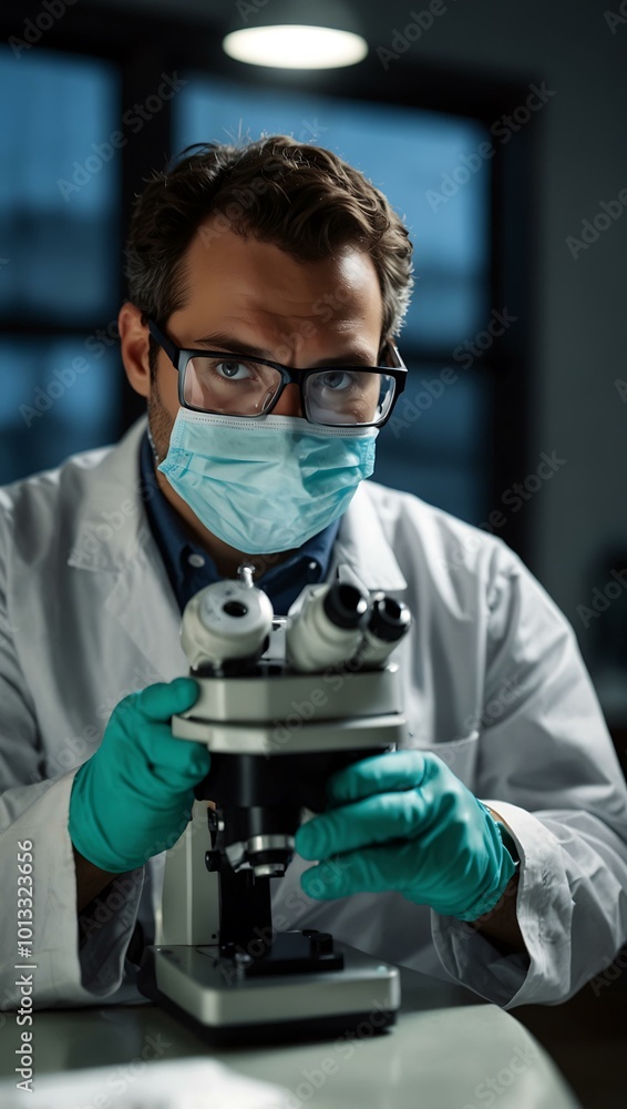 Poster scientist in protective gear using a microscope in the lab during the evening.