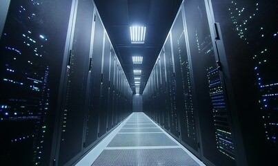 Shot of Corridor in Working Data Center Full of Rack Servers and Supercomputers with High Internet Visualisation Projection