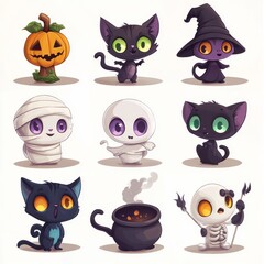 Obraz premium Spooky Yet Fun Halloween Characters: Skeletons, Brooms, and Cauldrons in a Bright, Childish, and Cozy Illustration