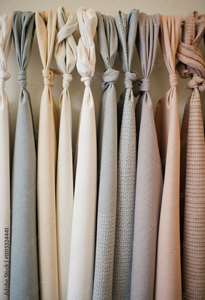 Poster intricately tied curtain knots hang gracefully in a textile shop, displaying a vibrant array of colo