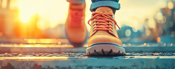 Formal shoes walking up steps in a corporate building, focus on the precise steps and polished footwear