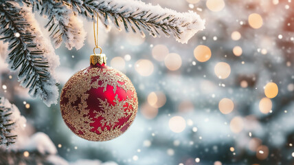 雪景色に輝くクリスマスボールオーナメント