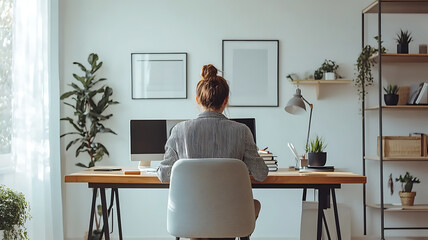 A woman participating in a video conference call from a home office, with multiple people on screen and surrounded by indoor plants for a cozy atmosphere.
