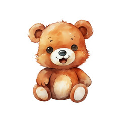 Obraz premium smiling teddy bear with large brown eyes. This bear is ideal for use in children's books, toys, greeting cards, and nursery decor. A cute and cuddly character. Generative AI