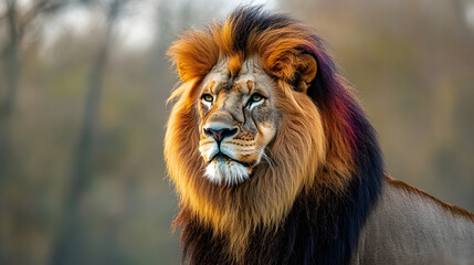 Fototapeta premium Majestic lion portrait with colorful mane showcasing strength and beauty