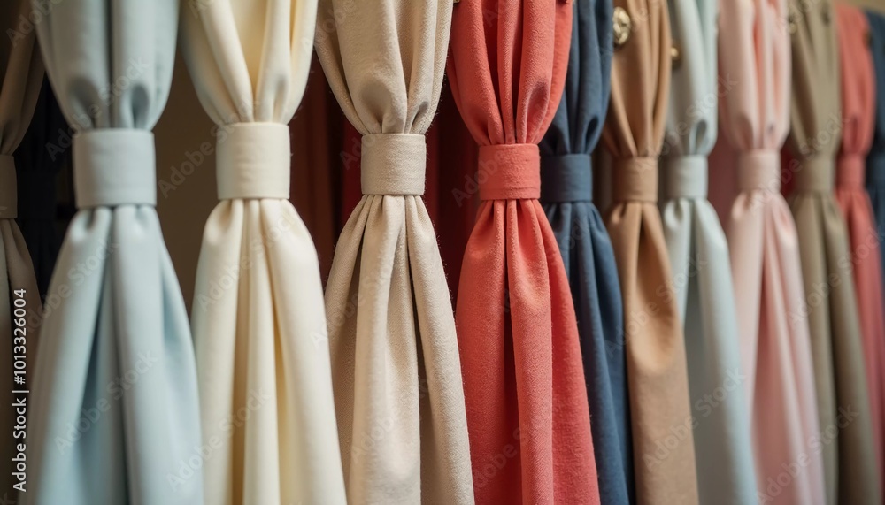 Poster intricately tied curtain knots hang gracefully in a textile shop, displaying a vibrant array of colo