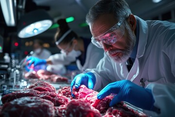 A focused scene in a lab showing scientists examining tissue samples, reflecting precision, dedication, and the pursuit of knowledge in a medical research context.