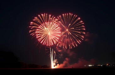beautiful red fireworks over the city in the night sky