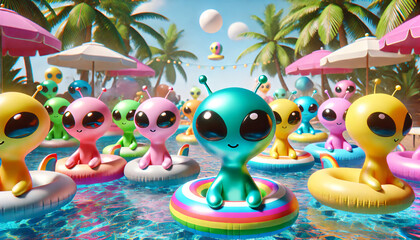 Adorable inflatable aliens at beach party 3D