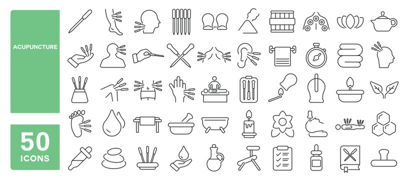 Set of 50 line icons related to acupuncture, needle, acupuncturist, moxibustion, cupping, stimulation, point, body, therapy, Editable stroke. Vector illustration