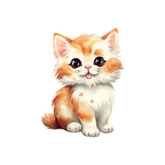 Fototapeta premium Cute, fluffy kitten with blue eyes, smiling, on a white background. Suitable for pet products, posters, children's books, and websites. Generative AI