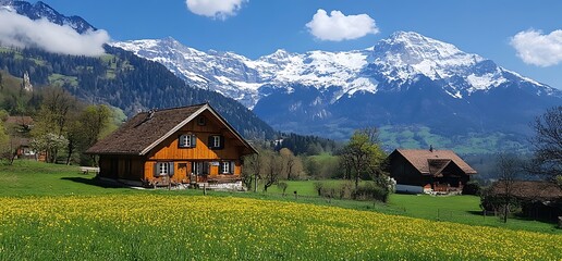 Obraz premium Two wooden houses nestled in a valley with a snow-capped mountain range in the background.