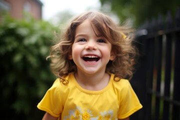 Portrait of a laughing little girl in a yellow T-shirt