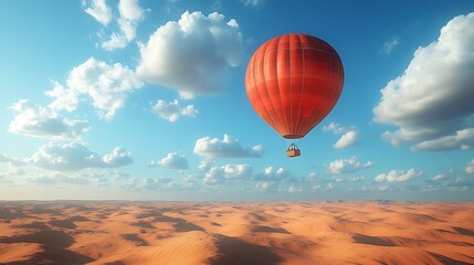 Fototapeta premium A red hot air balloon floats over a vast desert landscape under a blue sky with white clouds.