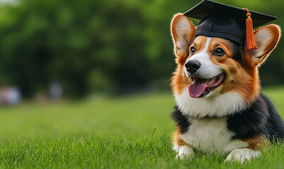 Corgi wearing graduation cap on a grassy field, celebrating achievement, Generative AI
