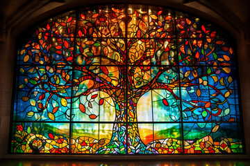 The Tree of Life stained glass window which is mentioned by the Bible as being in the Garden of Eden and who's fruit is the source of all knowledge to Adam and Eve, religious stock illustration