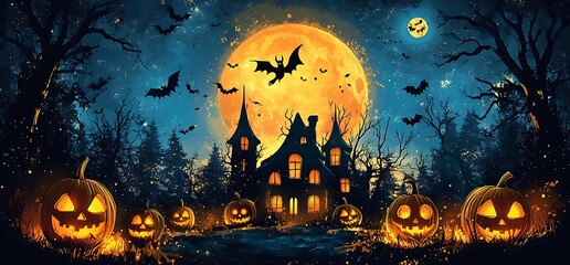 Haunted house with glowing pumpkins and a full moon in a spooky forest.