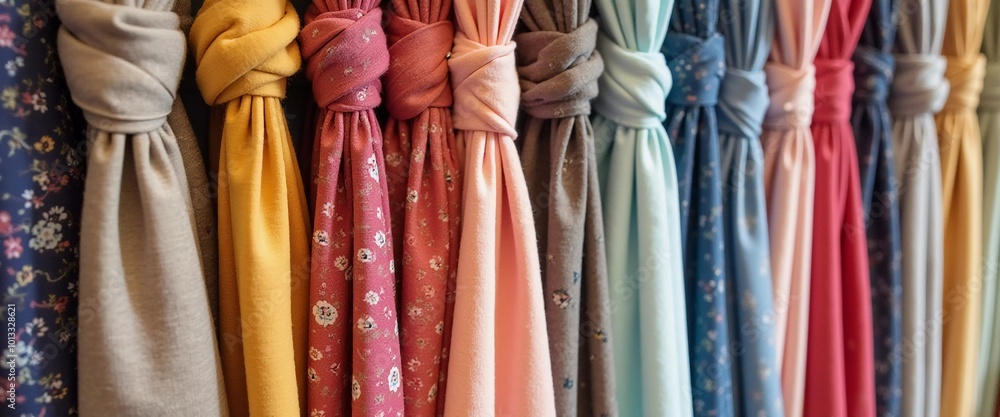 Poster intricately tied curtain knots hang gracefully in a textile shop, displaying a vibrant array of colo