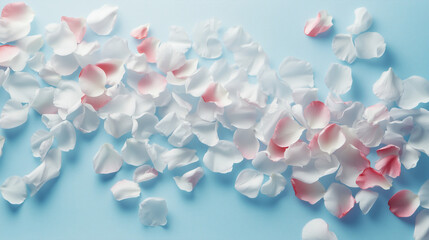 Obraz premium Background, beautiful texture for design Delicate white and pale pink flower petals on a soft blue background