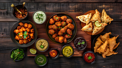 Fototapeta premium A delicious feast of Indian delicacies, ranging from savory samosas to spicy curries, invites you to experience the rich flavors of the subcontinent