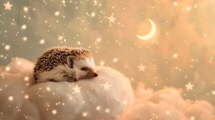Obraz premium A sleeping hedgehog nestled on fluffy clouds under a starry sky lit by a crescent moon at night