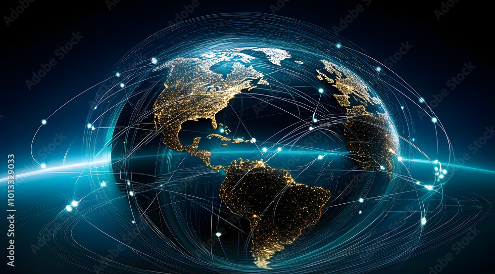 Poster global digital network connecting continents with technology lines