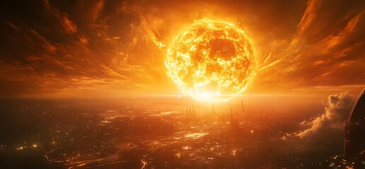 A giant burning ball of fire over a futuristic cityscape, with smoke and clouds in the sky.