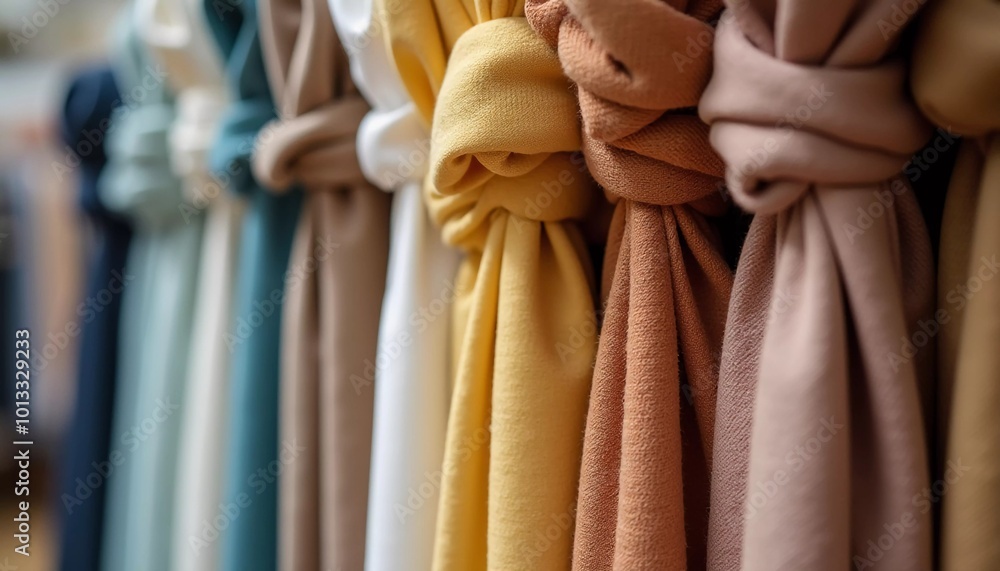 Poster intricately tied curtain knots hang gracefully in a textile shop, displaying a vibrant array of colo