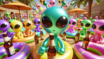Adorable inflatable aliens at beach party 3D